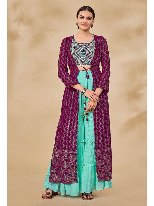 Myra Wine Jacket Style Sharara Suit | Swadesiicart