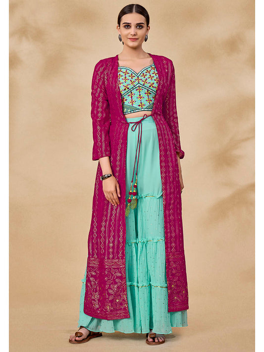 Myra Pink Jacket Style Sharara Suit | Swadesiicart