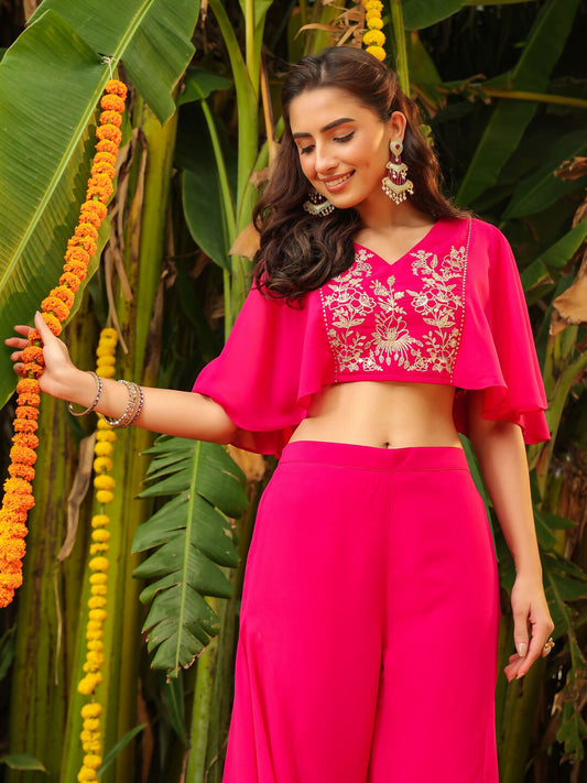 Janasya Pink Georgette Yoke Embroidery Co-Ords - Swadesiicart