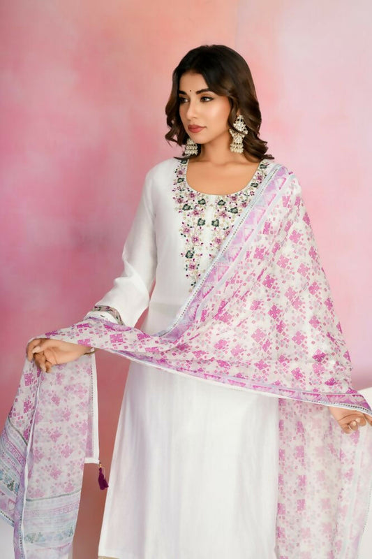 Ethnic Festive Wear Viscose Chanderi White Stitched Suit With Dupatta - Tanisha | Swadesiicart