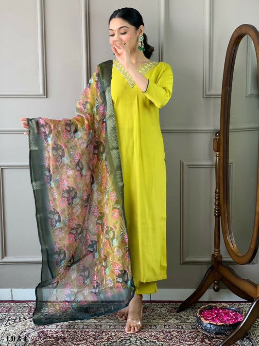 Partywear Designer Lemon Yellow Viscos Chanderi Stitched Suit With Dupatta - Tanisha | Swadesiicart