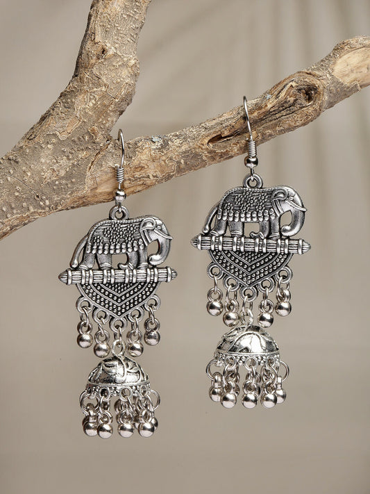 NVR Women's Silver-Toned Elephant Design German Silver Oxidised Dome Shaped Jhumka Earrings | Swadesiicart