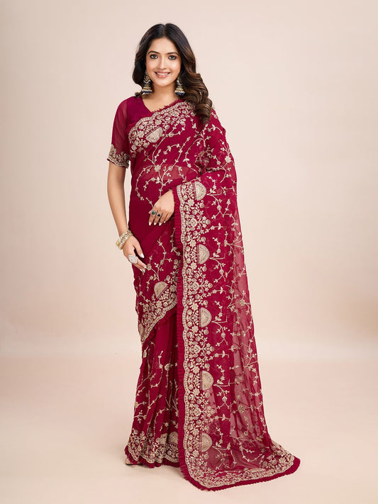 kasee Floral Embroidered Pure Georgette Ready to Wear Saree | Swadesiicart