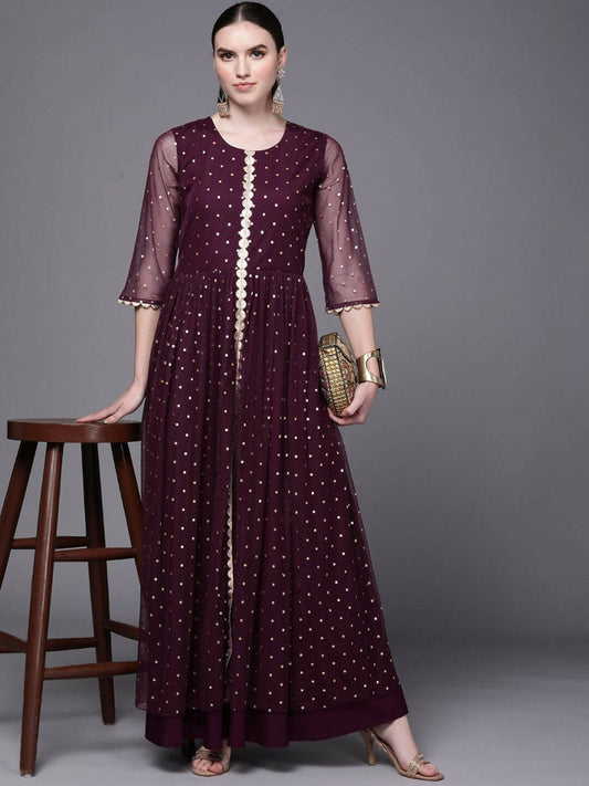 Ahalyaa Women Burgundy Polka Dots Fit & Flare Maxi Ethnic Dress | Swadesiicart