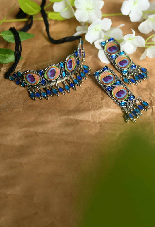 Mominos Fashion Johar Kamal Oxidised Silver-Plated Brass Finish Peacock Wings Choker For Women | Swadesiicart