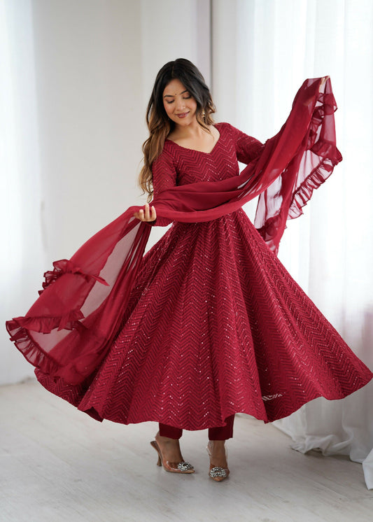 Joban Fashion Maroon Kurta Set Georgette Sequence Embroidery Work
