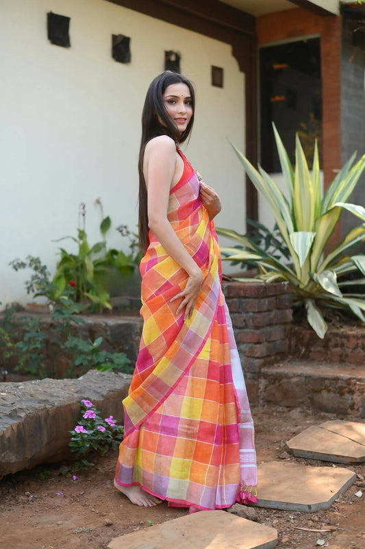 Very Much Indian Pure Linen Saree With Sleek Border And Exclusive Design - Yellow | Swadesiicart