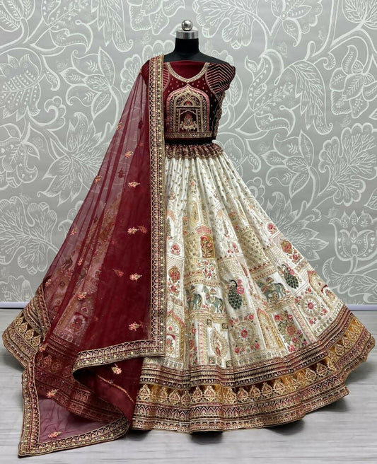 Jyoti Fashion Women's White Velvet Fancy Dori & Sequins with Multi Thread Embroidered with Diamond Work Wedding Lehenga Choli | Swadesiicart