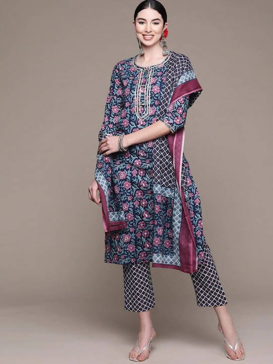 Anubhutee Blue Ethnic Motifs Printed Pure Cotton Kurta with Trousers & Dupatta | Swadesiicart