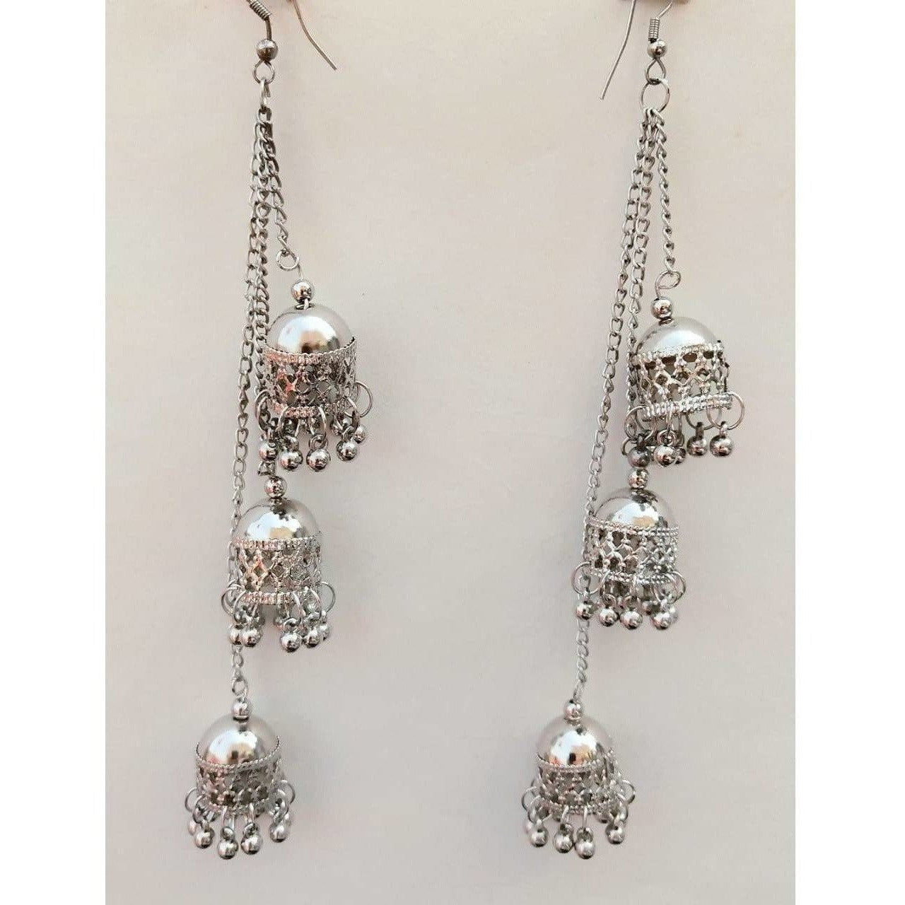 MS Fashion India Silver Oxidized Kashmiri Hanging Triple Jhumkas Chain Earrings For Parties | Swadesiicart