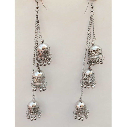 MS Fashion India Silver Oxidized Kashmiri Hanging Triple Jhumkas Chain Earrings For Parties | Swadesiicart