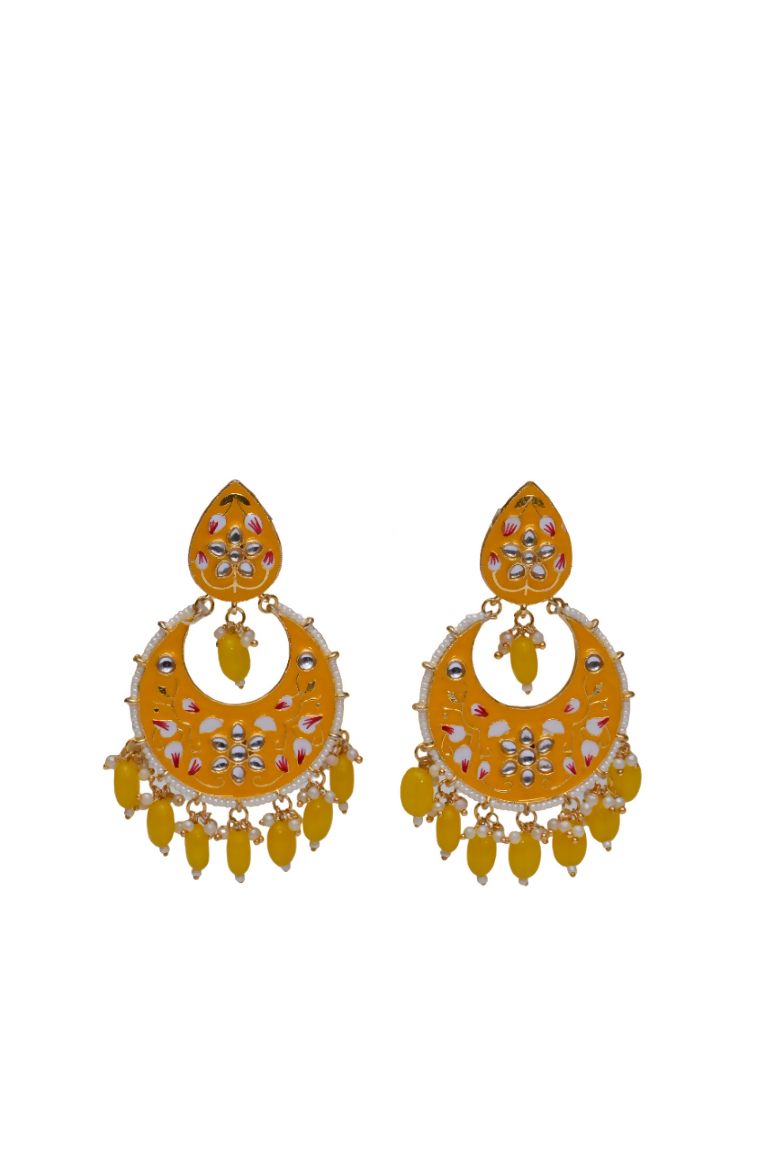 Yellow Gold-Polished Brass & Pearl Dangle Women Earrings| Hand Painted Meenakari Chandbali Traditional Ethnic Wear Earrings By House of Ree - Swadesiicart