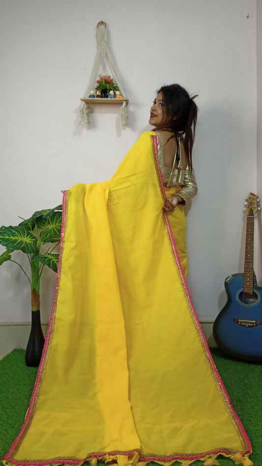 Exclusive Collection Beautiful Khadi Cotton Handloom Saree With Beautiful Zari Border - Yellow - Swadesiicart
