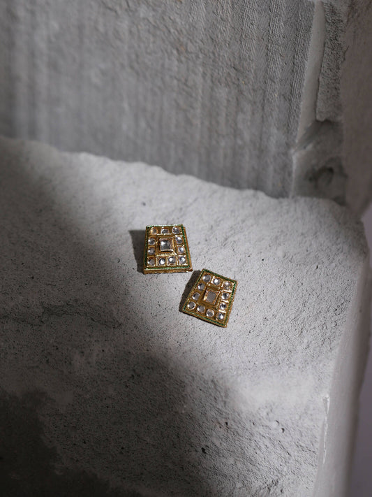 Gold-Toned White Kundan Square Shaped Gold-Polished Studs Earrings - Ruby Raang | Swadesiicart