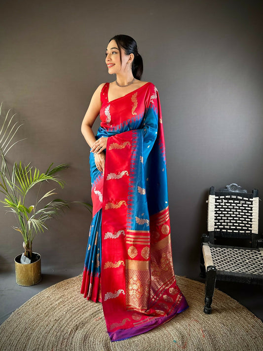 Joban Fashion Red Peacock,Butti Banarasi Silk Sarees | Swadesiicart