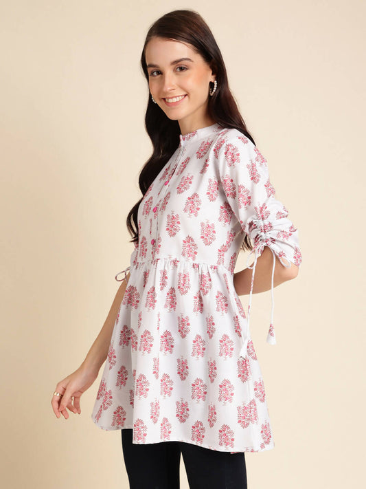 White Poly Rayon Digital Printed A-line Top - Tarini - Swadesiicart