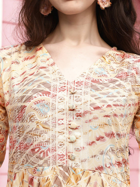Peach Rayon Foil Printed Long Dress - Michan | Swadesiicart