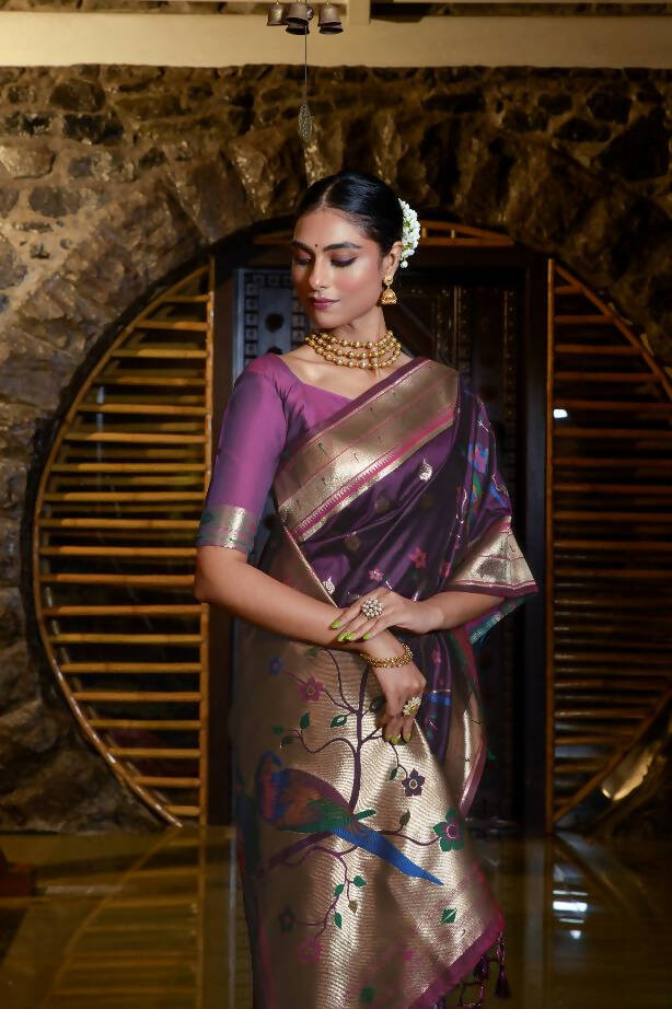 Vishnu Weaves Women's Wine Paithani Silk Zari Woven Saree with Unstitched Blouse - Swadesiicart
