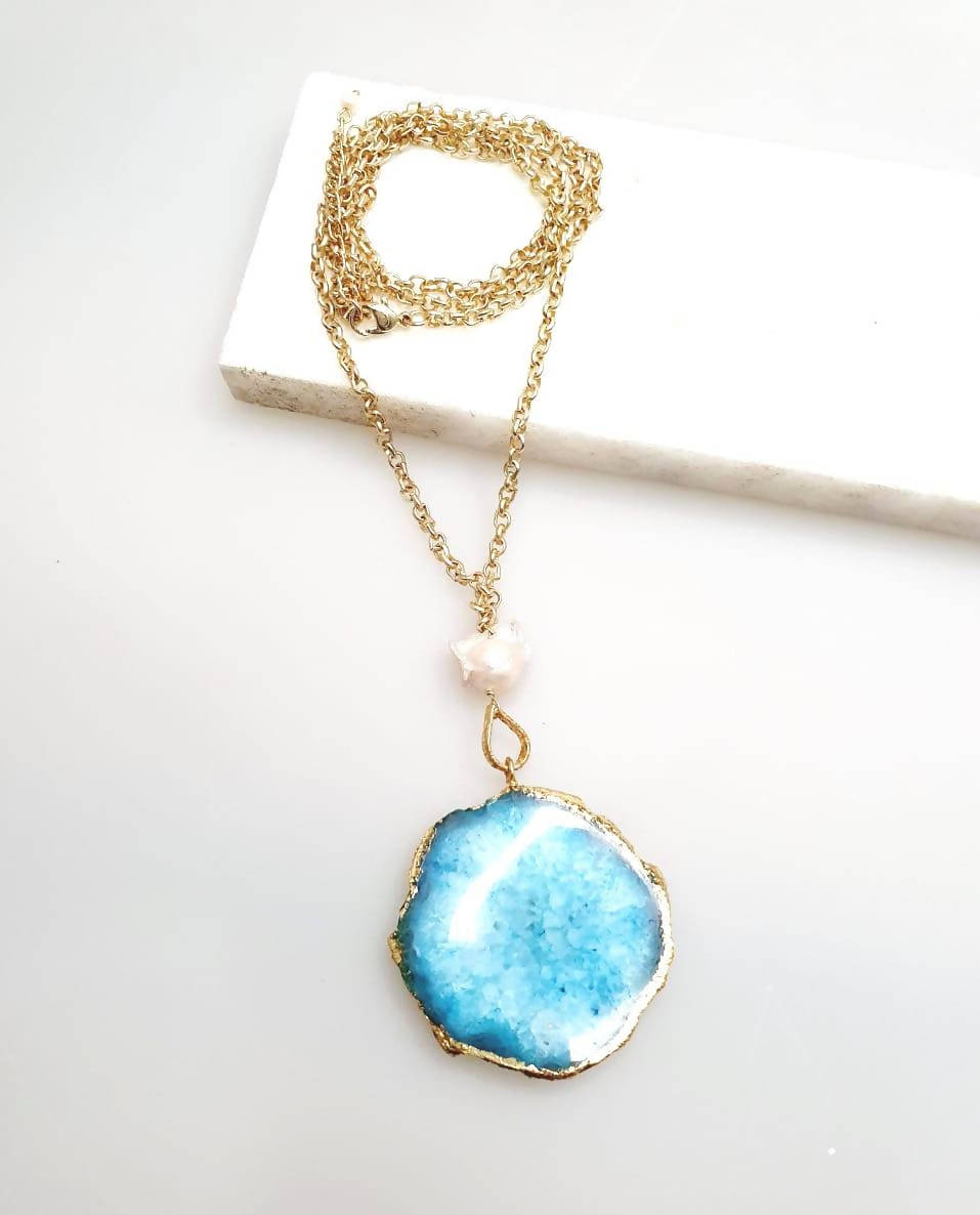 Bling Accessories Turquoise Agate Natural Stone Baroque Pearl Long Necklace | Swadesiicart