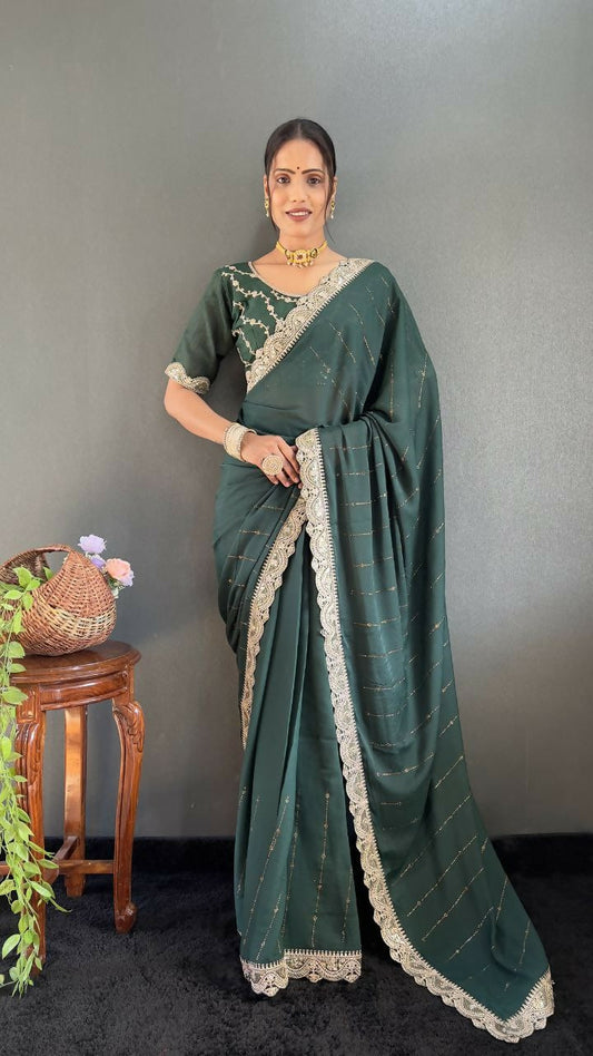 Vastranavya Sea Green Georgette Silk Swarovski & Heavy Lace Work Ready to Wear Saree | Swadesiicart
