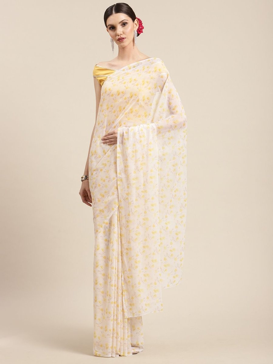 Ahalyaa Yellow Chiffon Digital Print Floral Saree | Swadesiicart