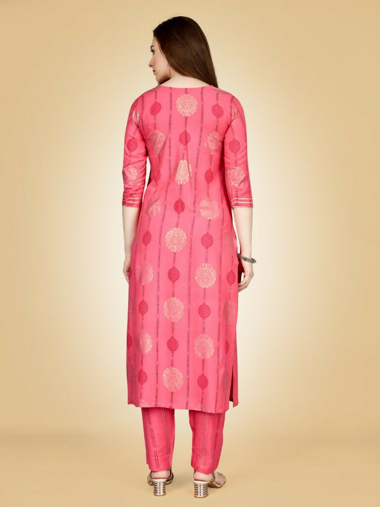 Jyoti Fashion Women's Pink Viscose Rayon Embroidered Kurta Pant Set | Swadesiicart