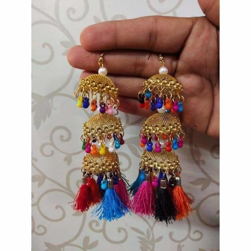 MS Fashion India Traditional Gold Color Multicolor Pearls And Silk Threads Jhumka Earrings | Swadesiicart