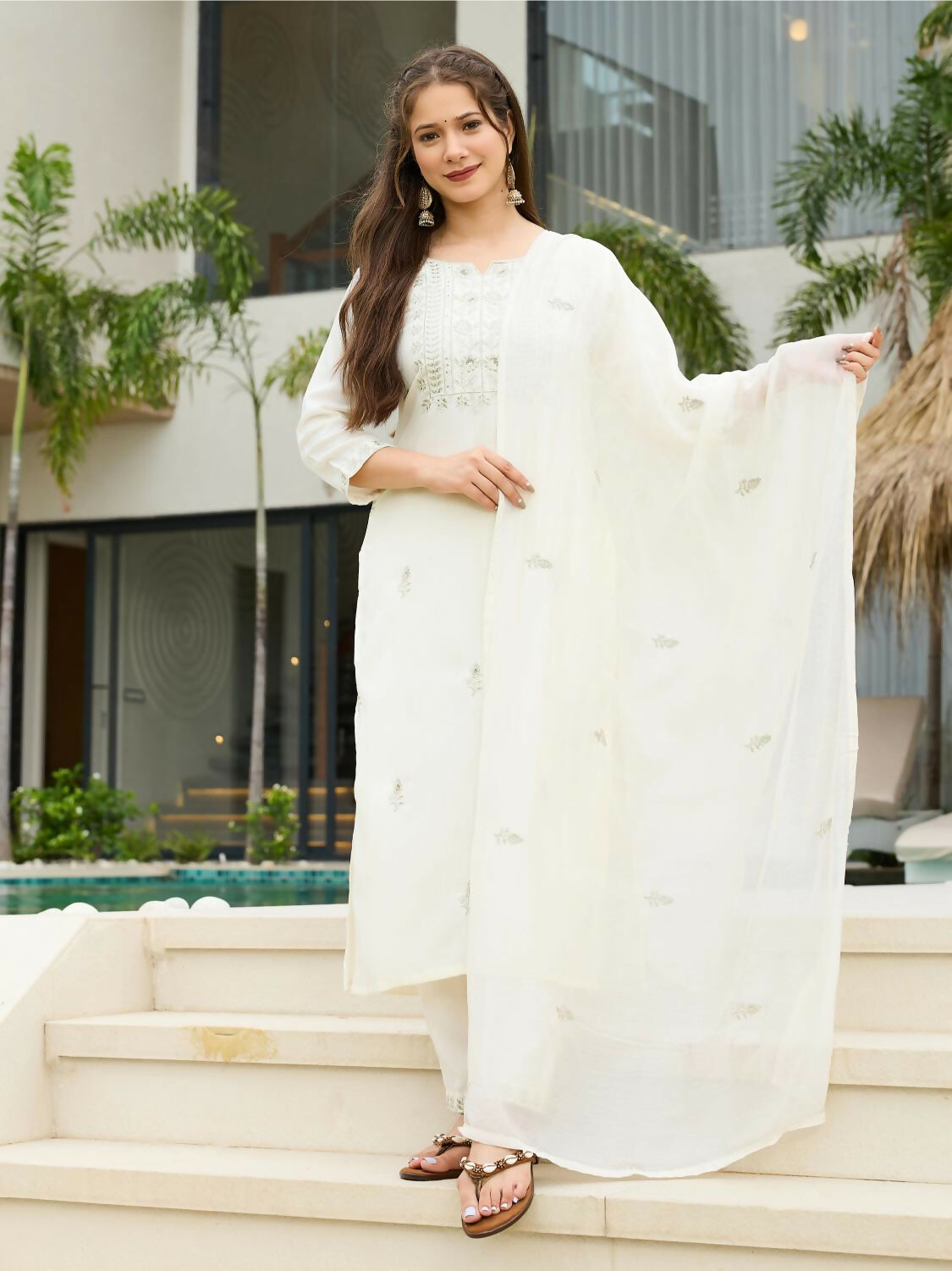 The52 White Women's Beautiful Rayon Slub Fabric Embroidered Work Straight Kurta, Pant and Dupatta Set - Swadesiicart