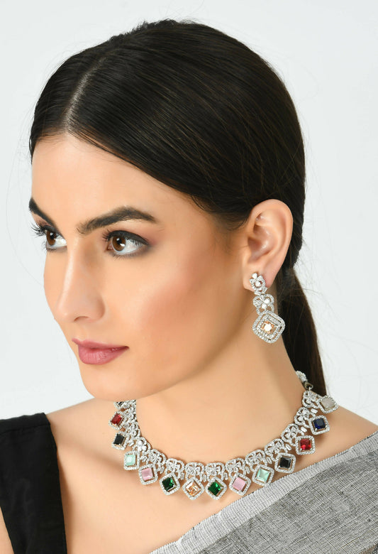 Mominos Fashion Johar Kamal Women Silver-Plated American Diamond Multi Colour Choker Set | Swadesiicart
