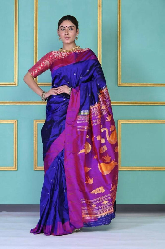 Very Much Indian Handloom Pure Silk Dark Violet Muniya Border Paithani | Swadesiicart