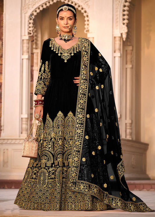 Black Velvet Front & Back Embroidery Wedding Anarkali Suit - Emponline | Swadesiicart
