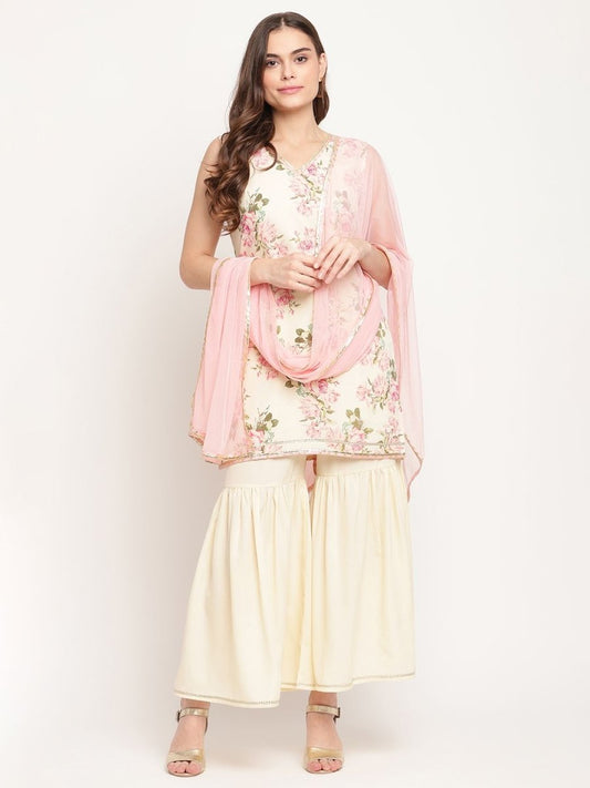Ahalyaa Women's Beige Crepe Digital Floral Print Kurta Sharara Set with Dupatta | Swadesiicart