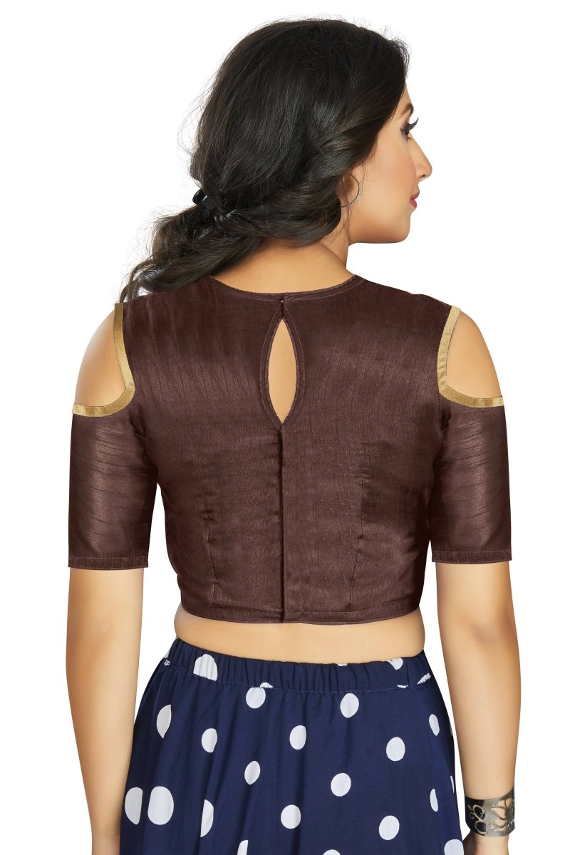 Aastha Fashion Women's Coffee Art Silk Cold Shoulder Sleeve Readymade Blouse