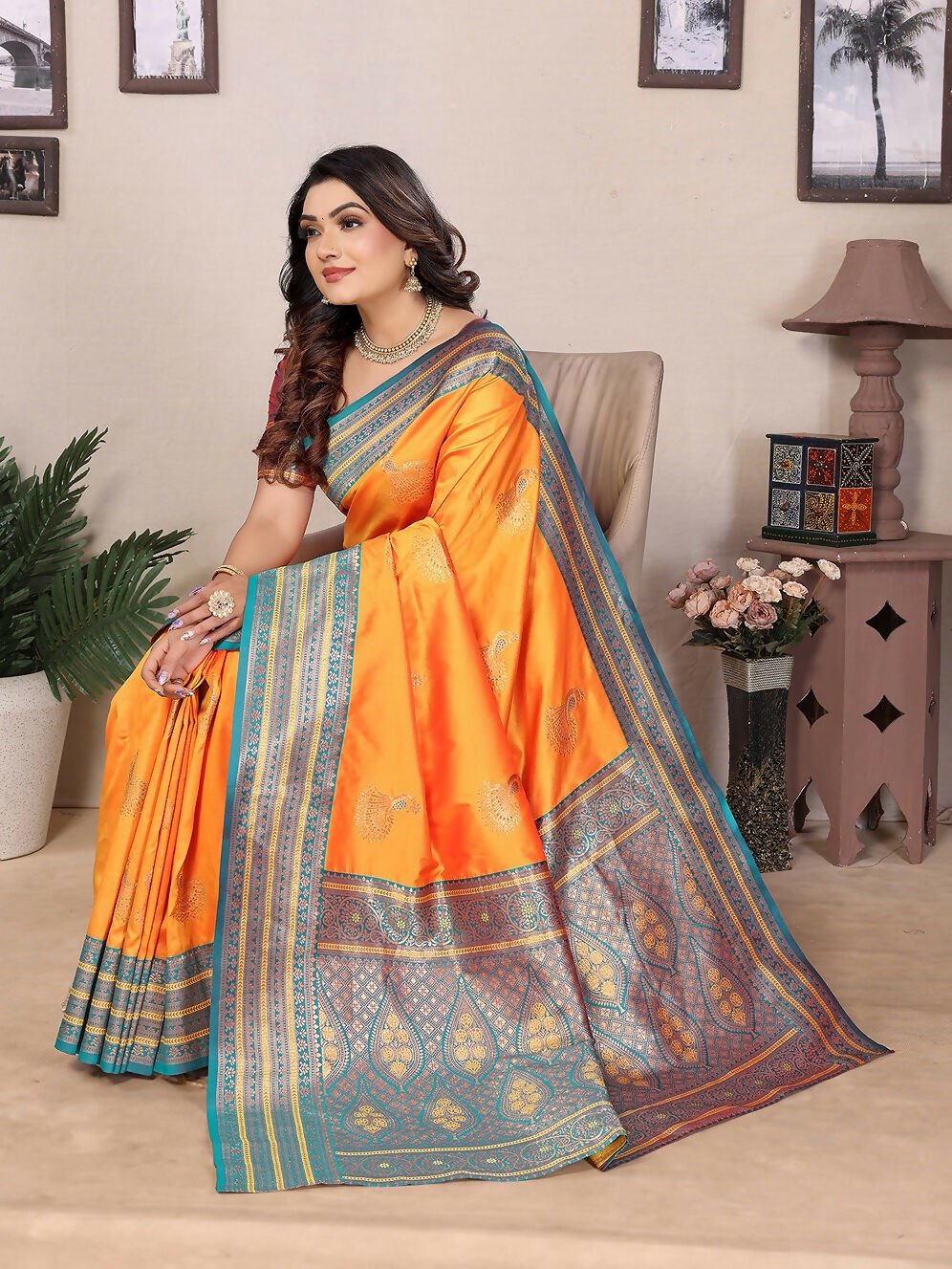 Joban Fashion Banarasi Orange Small Butti Soft Silk Saree | Swadesiicart