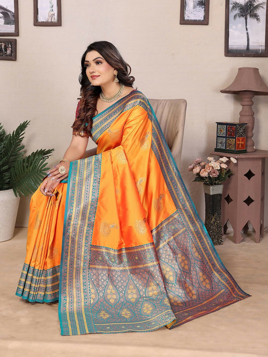 Joban Fashion Banarasi Orange Small Butti Soft Silk Saree | Swadesiicart