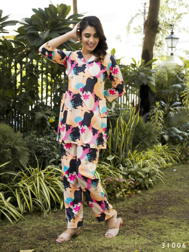 Casual Fashionable Multi Muslin Cotton co-ord set - Manya - Swadesiicart