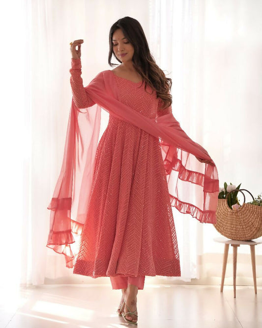 Joban Fashion Peach Kurta Set Georgette Sequence Embroidery Work