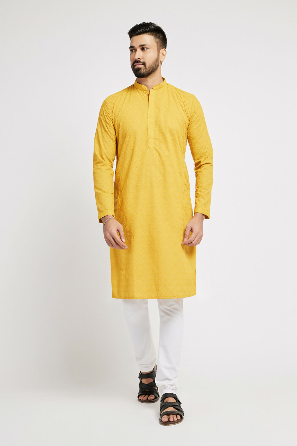 Ethnic India Yellow Men's Kurta Ethnic Motifs Cotton | Swadesiicart
