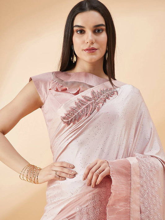 Pink Lycra Frill Details, Hand Embroidered Brooch Saree - Norita Hit Design - Swadesiicart