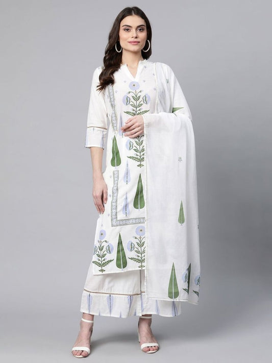 Ahalyaa Women Off White Colour Pure Cotton Printed Kurta Palazzo Set With Dupatta | Swadesiicart