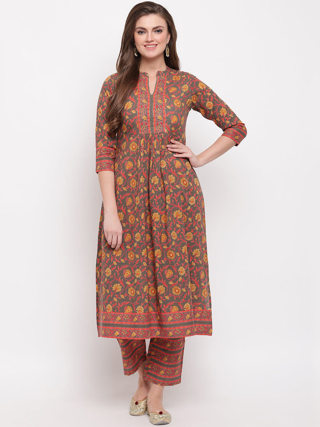 NOZ2TOZ Women's Floral Print & Hand Work Flared With Side Cut Cotton Grey Kurti - Swadesiicart