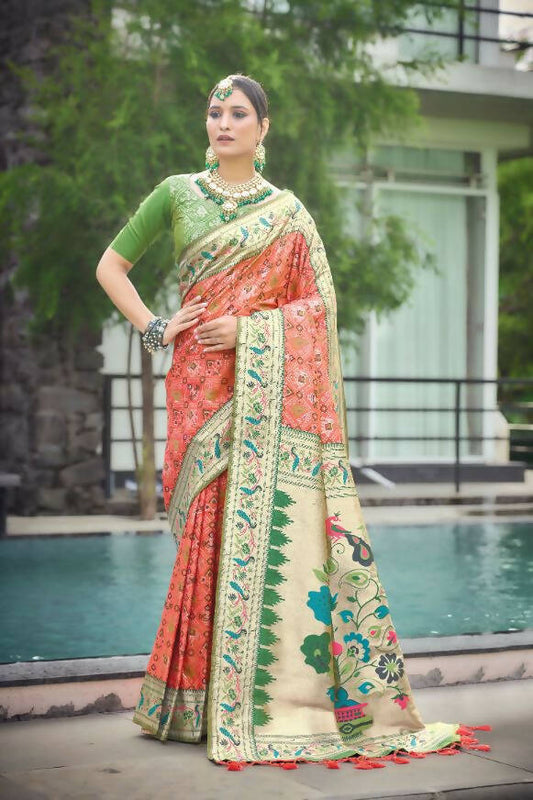 Vishnu Weaves Women's Orange Paithani Patola Silk Zari Woven Saree with Unstitched Blouse - Swadesiicart