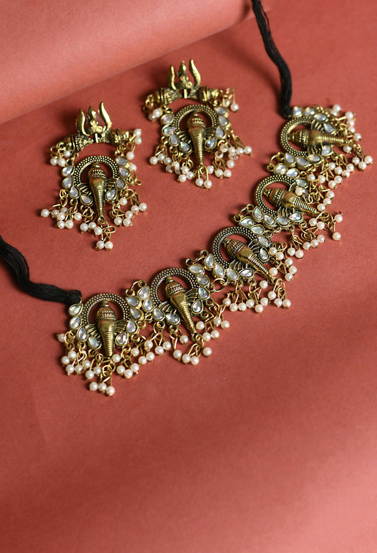 Mominos Fashion Johar Kamal Oxidised Gold-Polished Ganesha Design Necklace Choker Set | Swadesiicart