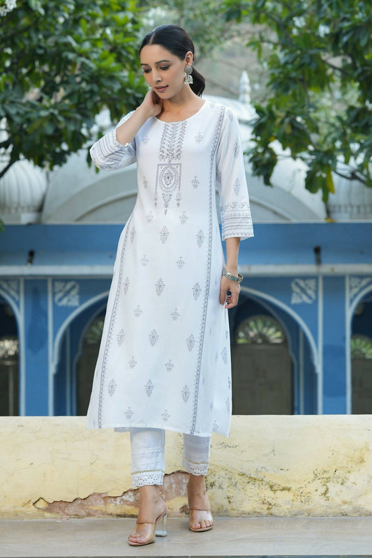 Juniper Women's White Rayon Placement Printed Straight Kurta | Swadesiicart