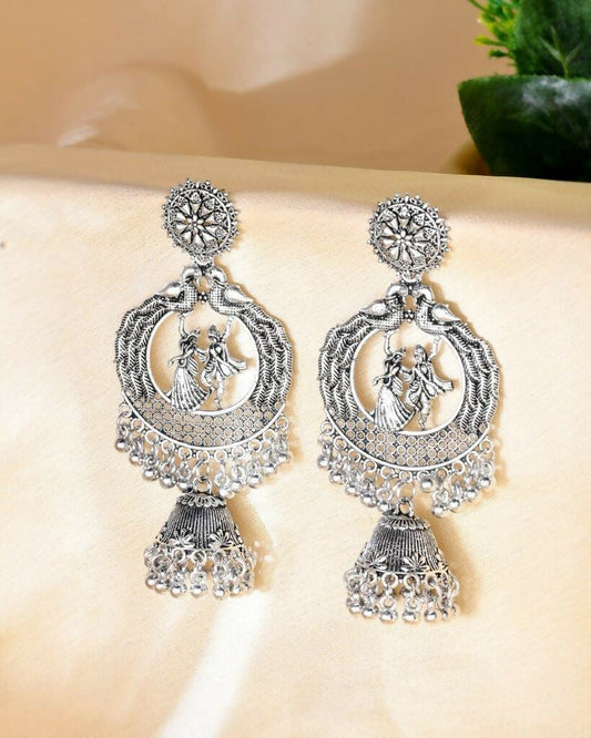 VOJ Silver Plated Krishna Cricluar Oxidized Earrings