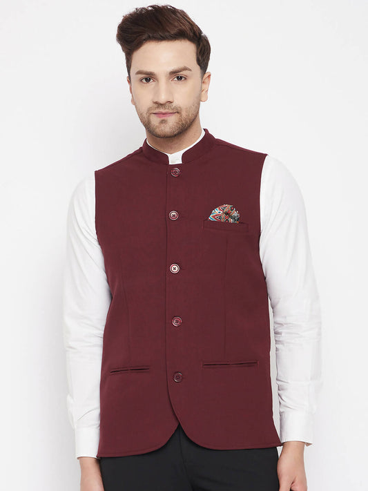 Even Apparels Maroon Merino Men's Nehru Jacket-Contrast Lining-Inbuilt Pocket Square | Swadesiicart
