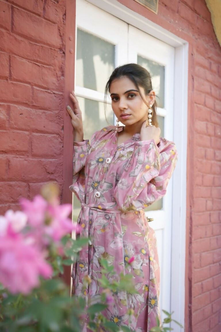 Vaasva Women Pink Muslin Floral Printed Knee Length Dress | Swadesiicart