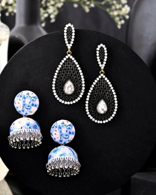 VOJ Set Of 2 Earrings- Blue Printed Jhumka With Black AD Studded Drop Earrings - VOJ (Valley Of Jewellery)