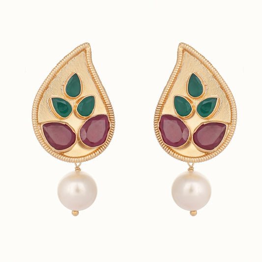 Nuyug 22K Gold Plated Ruby Stone Studded Contemporary Petal Shaped Pearl Drop Stud Earrings | Swadesiicart