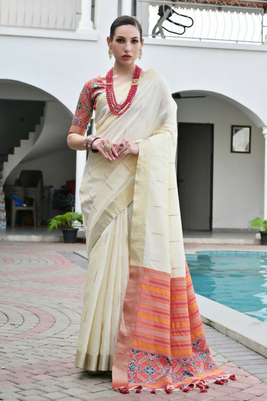 Vishnu Weaves Women's Cream Raw Silk Patola Zari Woven Saree with Blouse - Swadesiicart
